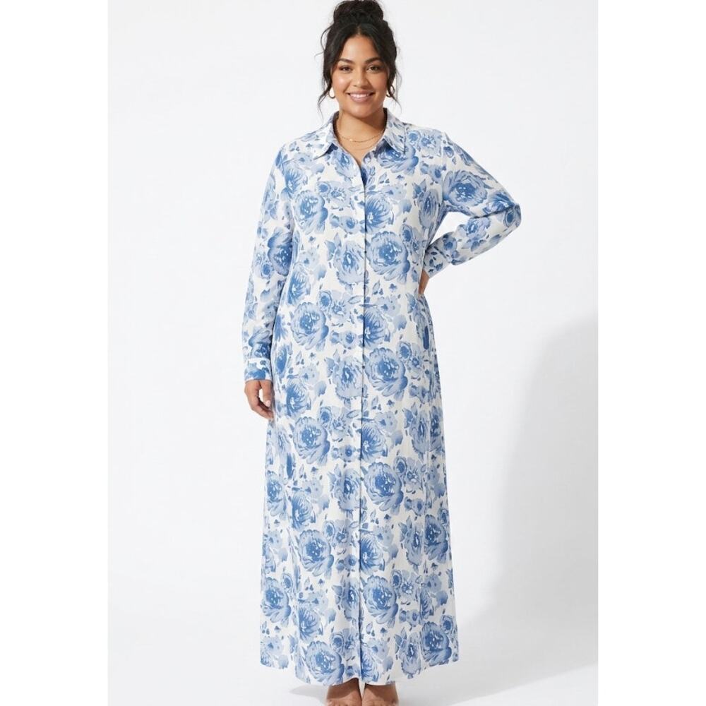 Floral Maxi Dress Lounge Wear Blue White Oversized Flowy Plus Size 2XL
